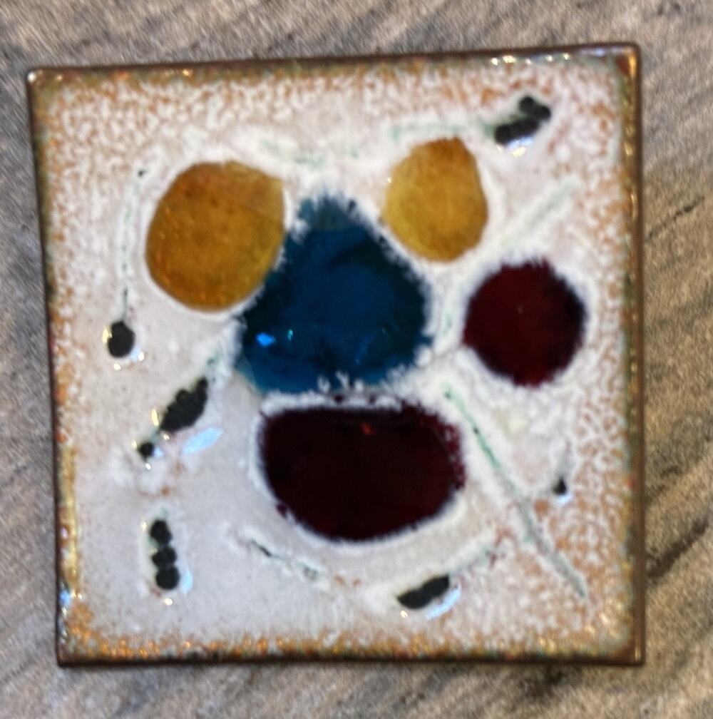 Vtg Mid Century Modern Abstract Copper Enamel Studio Pin Square Colorful Brooch